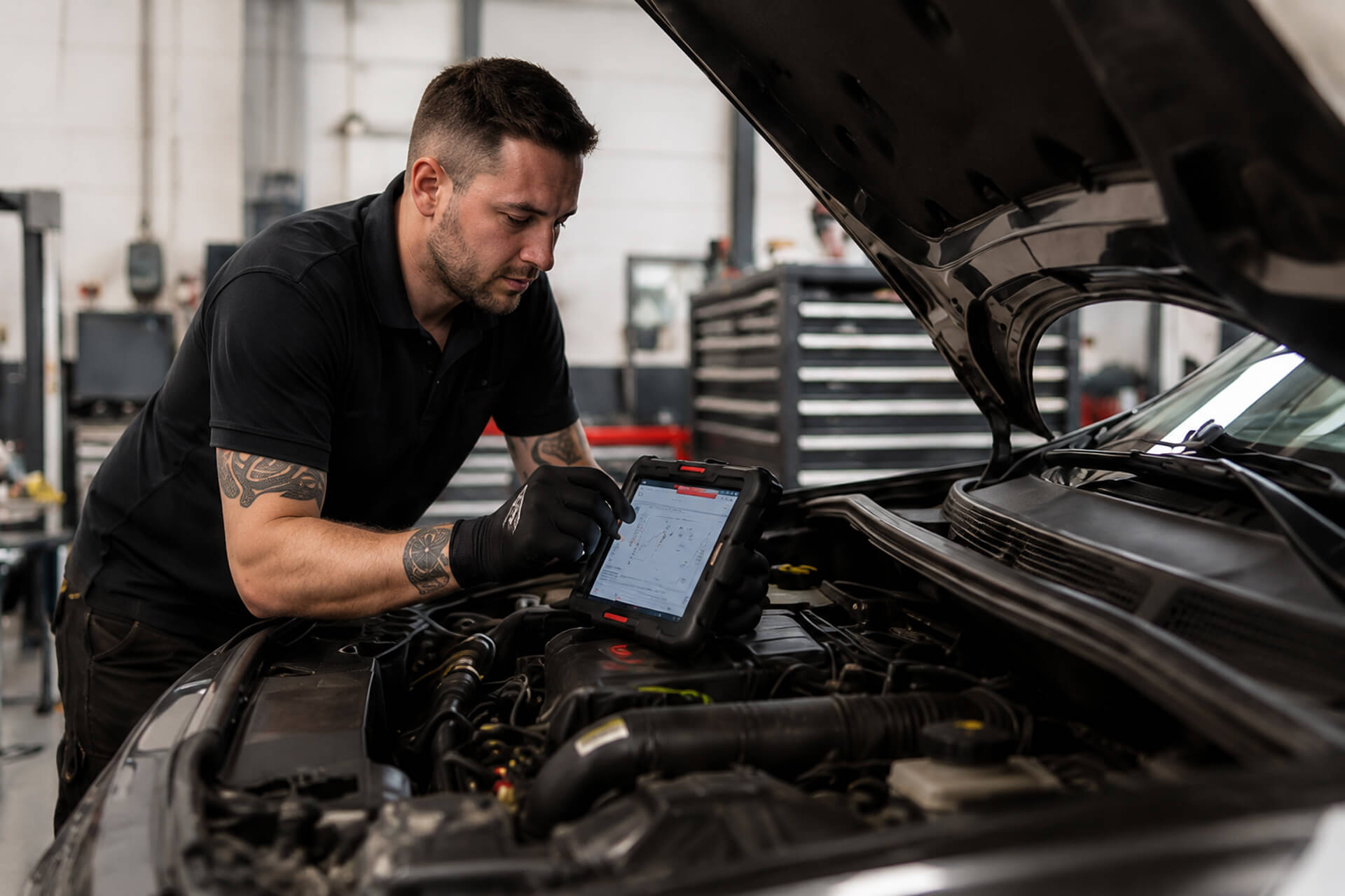 Reparatur: Mechaniker am Motorraum