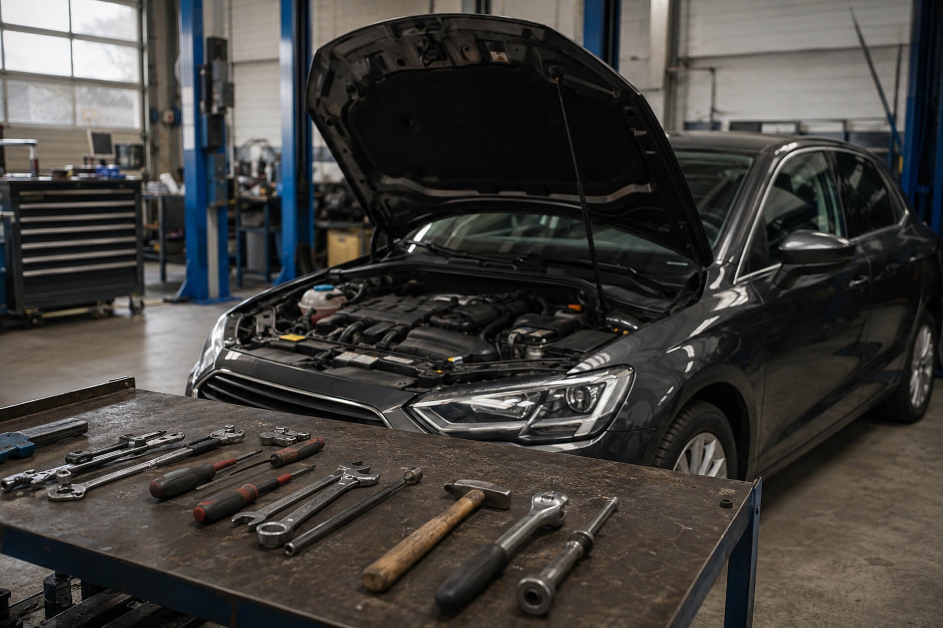 Reparatur: Werkzeug vor offener Motorhaube