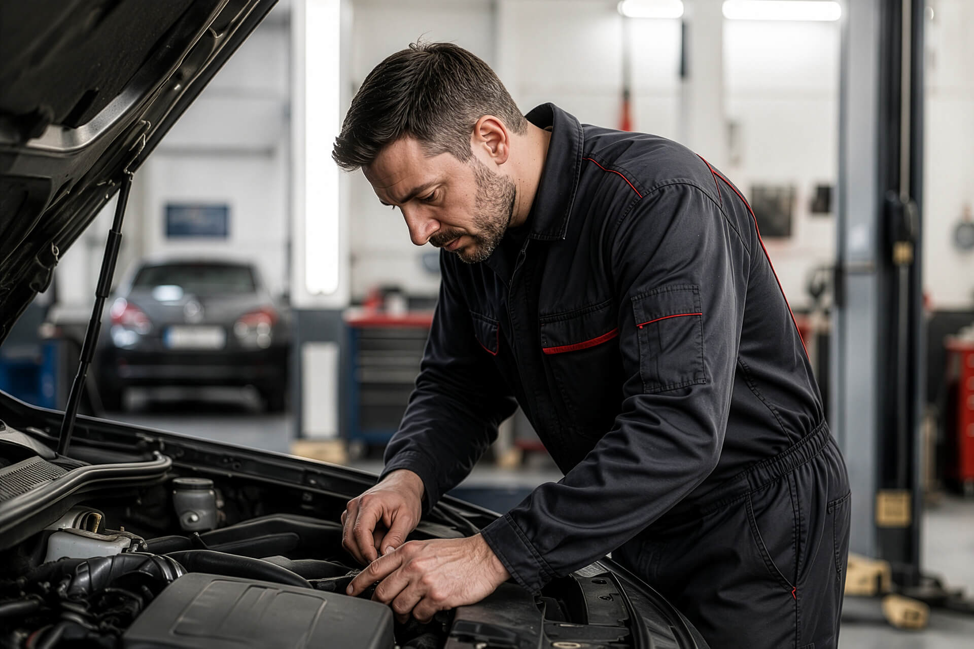 Werkstatt: Mechaniker am Motorraum